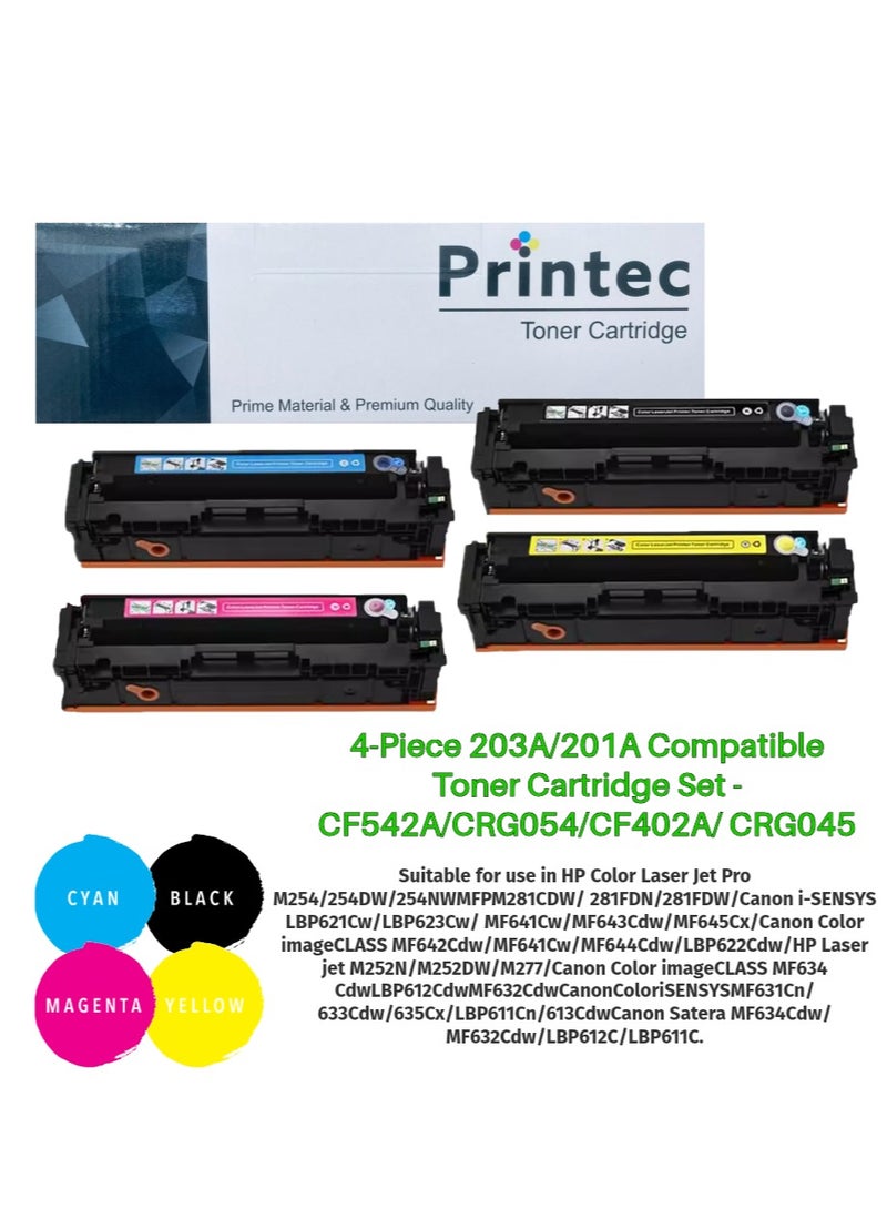 Printec 4-Piece 203A/201A Compatible Toner Cartridge Set - CF542A/CRG054/CF402A/ CRG045 - Image 1